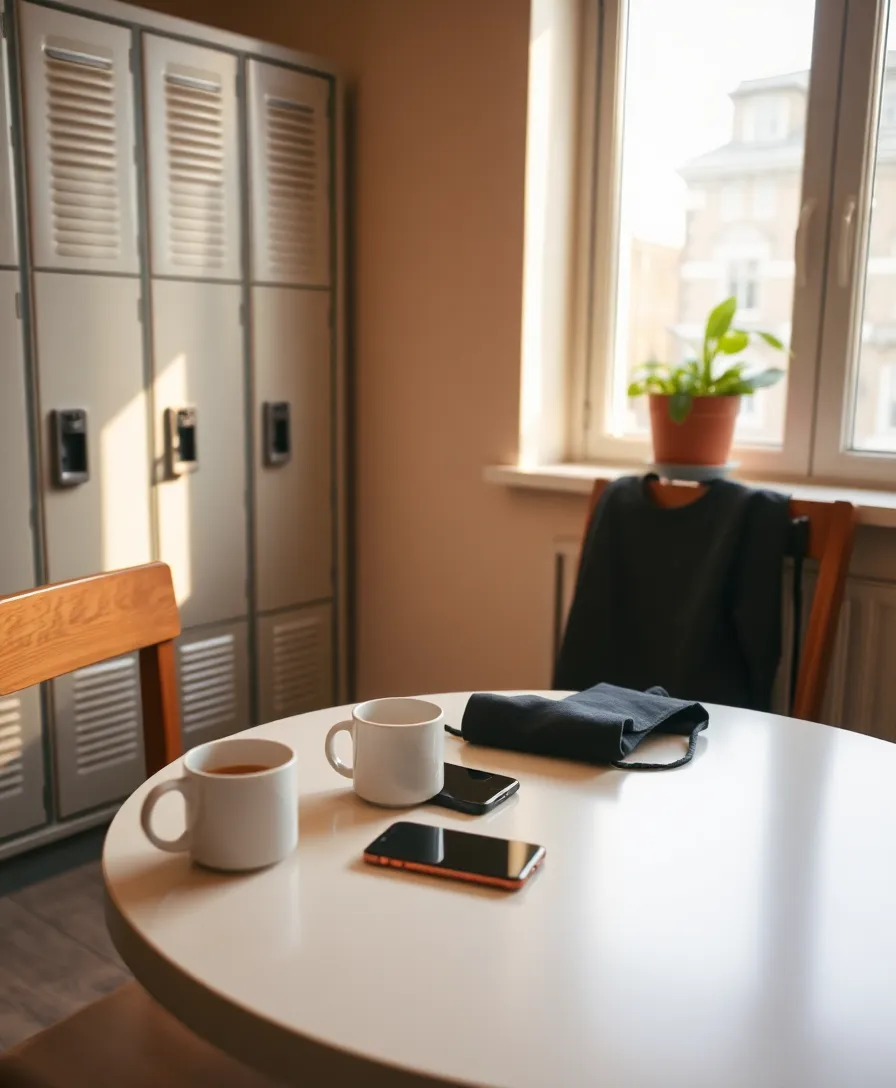 A staff break room in the morning: two mugs, a phone and lockers.