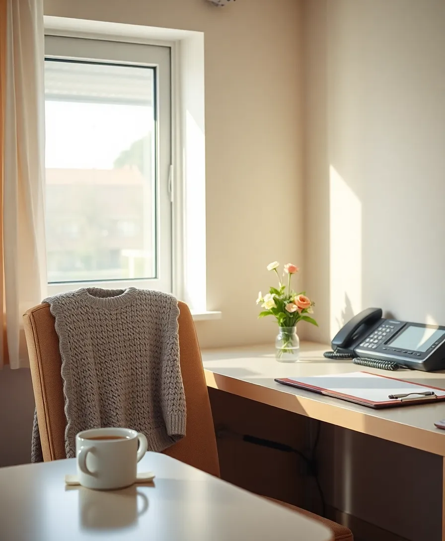 A nurses' station in morning light: a cardigan on the chair, tea, flowers and the phone.